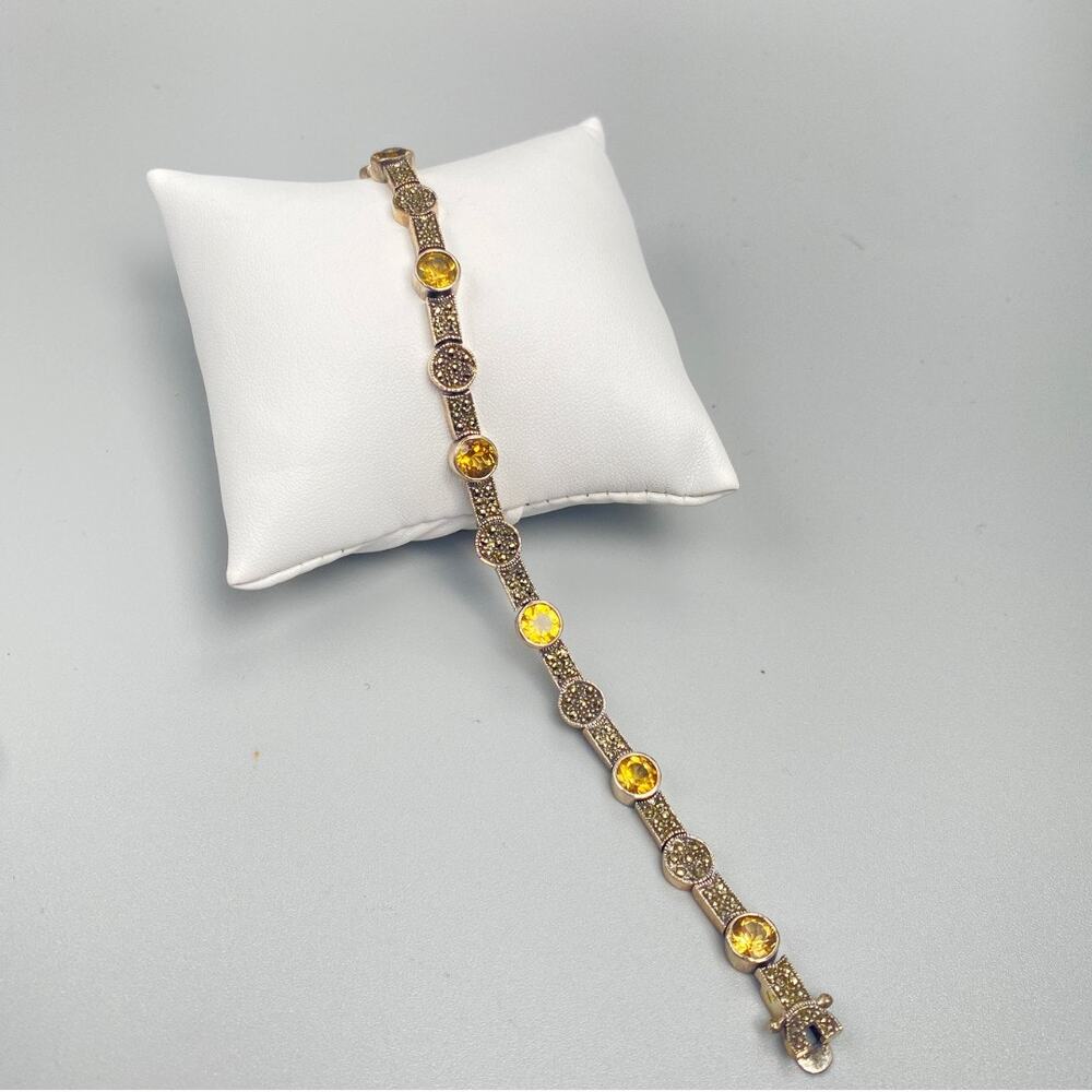 Sterling Silver Citrine Marcasite Bracelet 8” Thai 925 - Picture 2 of 11